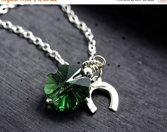 Shamrock Necklace, St. Patrick's Day, Lucky Clover, Emerald Green, Clover Pendant, Horseshoe, Lucky Charm, Crystal Clover, Crystal Necklace