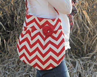 ON SALE Red Chevron Bag, Zig Zag Cross Body Handbag with Red Flower, Red Chevron Hipster Bag, Fashion Bag, Hipster Hobo Style Pleated Handba