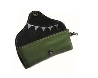 sunglasses case green leather screenprint bunting