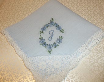 bride's something blue, wedding handkerchief, oval design, hand embroidered, blue fabric hanky, bridal gift, blue for bride, gift for bride