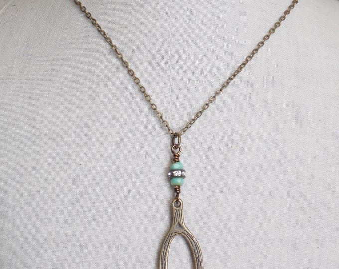 Wishbone Charm Necklace Mint Green Czech Glass Rhinestone Dainty Boho Layering Necklace Bohemian Minimalist Jewelry Charm Necklace