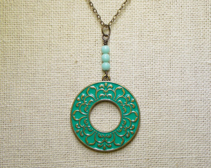 Green Turquoise Ring Necklace, Open Circle Necklace, Enamel Ornate Circle Necklace, Czech Glass Eternity Minimalist Boho Brass Necklace