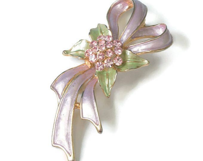 Enameled Lavender Bow Brooch Lavender Rhinestones Green Accents Vintage