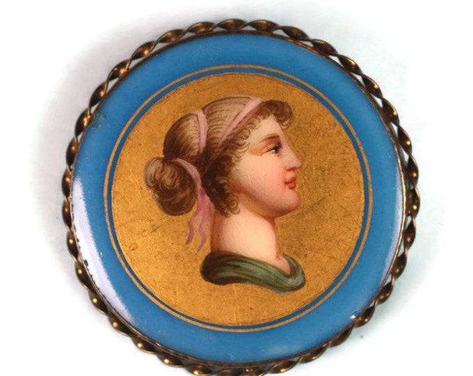Victorian Woman Painted Porcelain Brooch Gold Filled Frame Antique