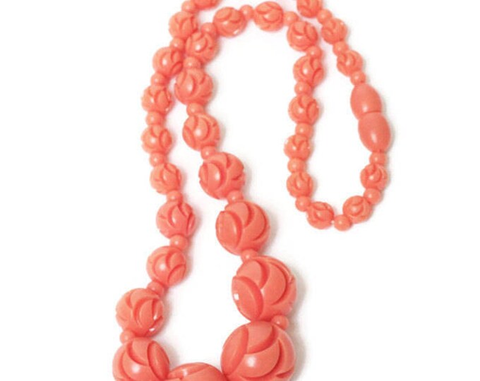 Art Deco Carved Bead Necklace Coral Peach Melon Early Plastics Vintage