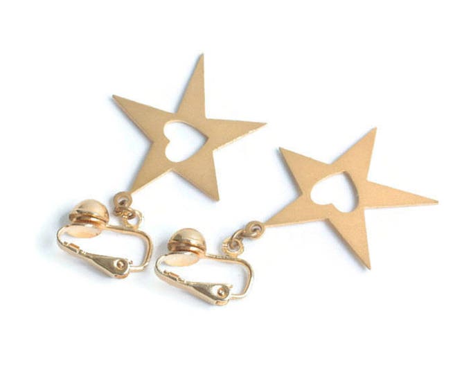 Star Dangle Earrings Heart Cut Out Gold Tone Clip On Vintage