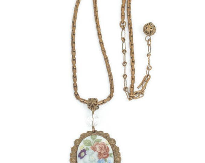 Vintage Floral Porcelain Pendant Necklace Floral Brass Setting Czech Vintage Necklace