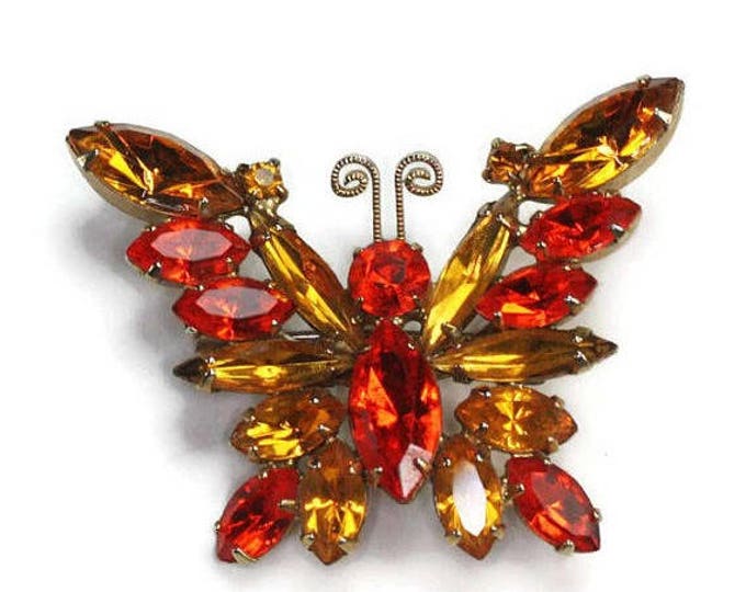 CIJ Sale Orange and Topaz Rhinestone Butterfly Brooch Vintage Autumn Colors