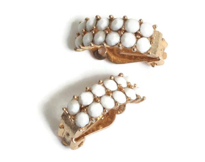 White Milk Glass Bead Earrings Half Hoop Clip On Signed Lisner Vintage