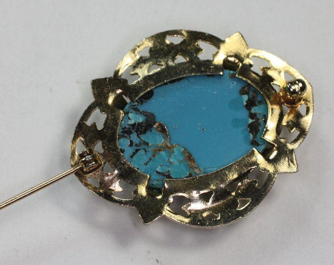 Turquoise Art Glass Cabochon Brooch Floral Gold Tone Setting Vintage