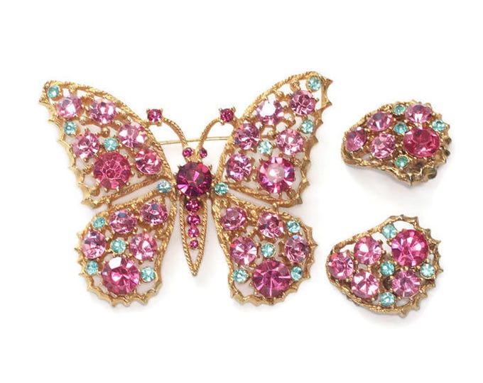 Weiss Rhinestone Butterfly Brooch Earrings Pink Blue Gold Tone Vintage