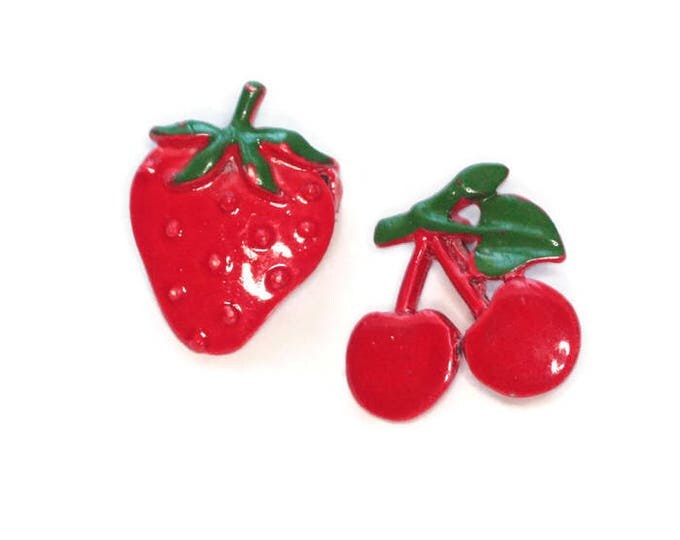 Enameled Red Cherry and Strawberry Scatter Pins Vintage