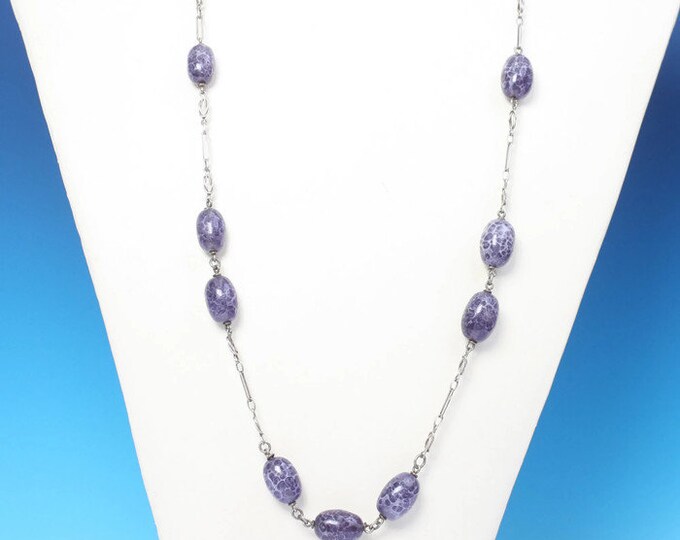 Purple Art Glass Bead Necklace Sterling Chain Oval Shaped Beads Vintage