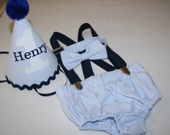 baby boy first birthday outfit cake smash outfit for boy navy blue light blue seersucker 1st birthday boys diaper cover bow tie birthday hat