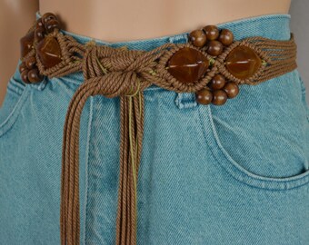 70s Macrame Belt Retro Hippie Boho Chic Brown Belt With Large Beads One Size Flower Child Festival Accessories 70s Accessories Epsteam