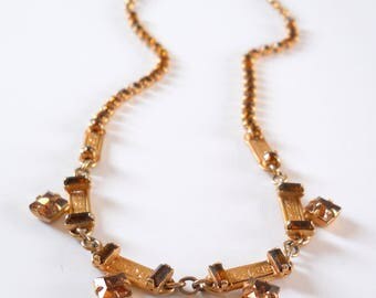 Vintage Leo Glass Necklace • Amber Rhinestone Gold Color Necklace