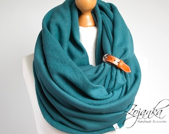 Infinity Scarf with leather cuff, tube scarf with cuff, infinity scarves, teal scarf, fashion scarf, scarf with strap ZOJANKA, hooded scarf