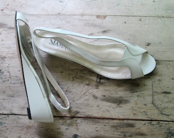 White Leather Open Toe Slingback Shoes // Cutout Summer Wedges Size 9.5