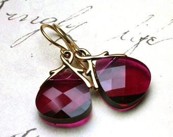 ON SALE Briolette Crystal Earrings in Ruby Red and Gold - Handmade with Swarovski Crystal and 18K Gold Vermeil - Free Shipping