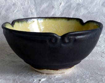 Soft Matt Black with Yellow Interior Chawan with hand carved lip design Japanese Style Tea Bowl by George Watson artist potter