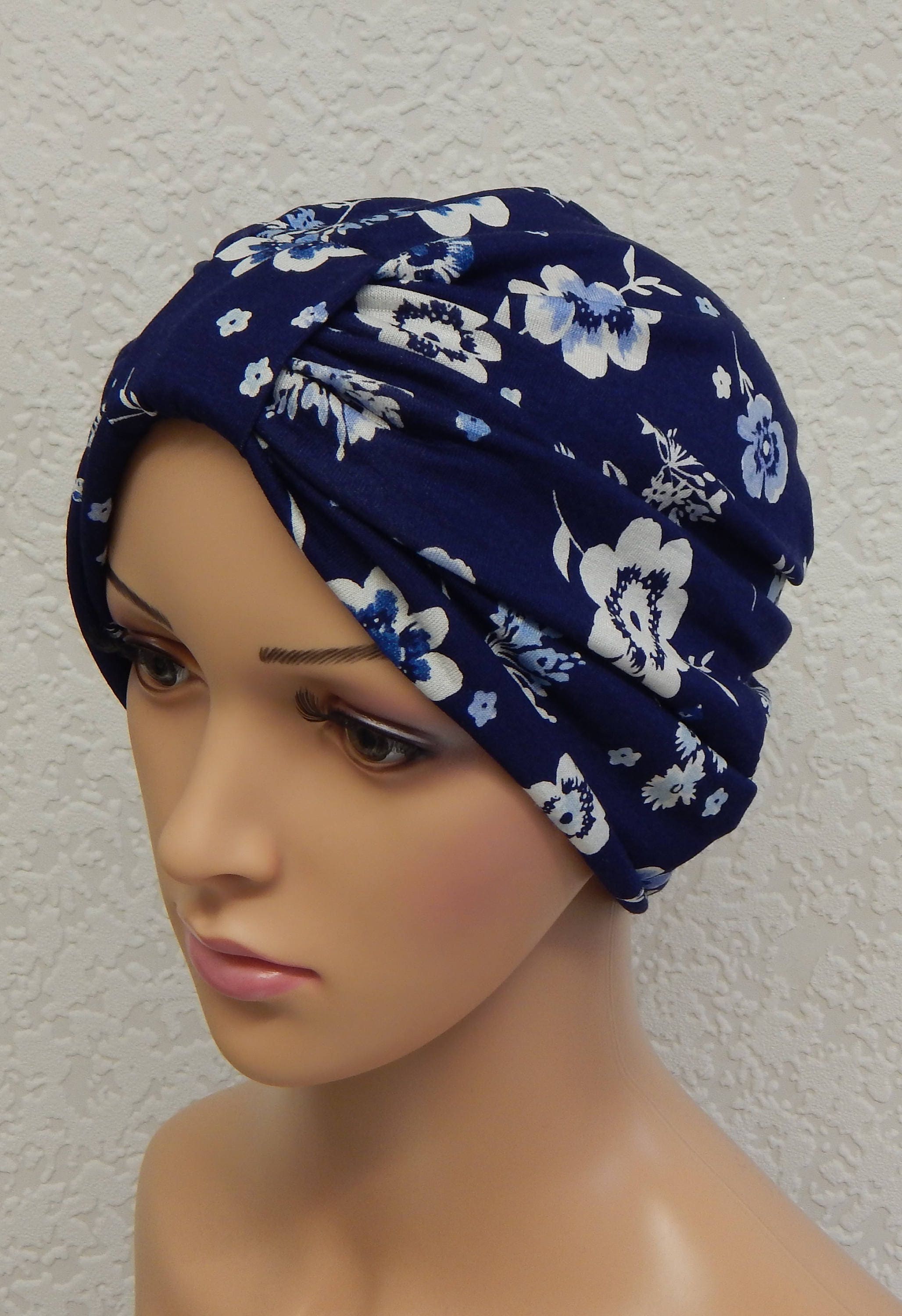 Blue floral women's turban chemotherapy head covering