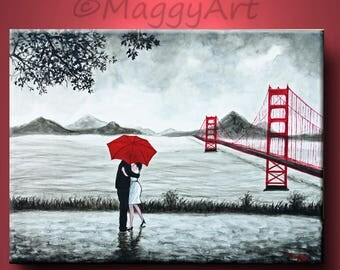 original painting,San Francisco lover, kissing in rain, black white red,golden gate bridge,24x18 inch,on stretched canvas,great wedding gift