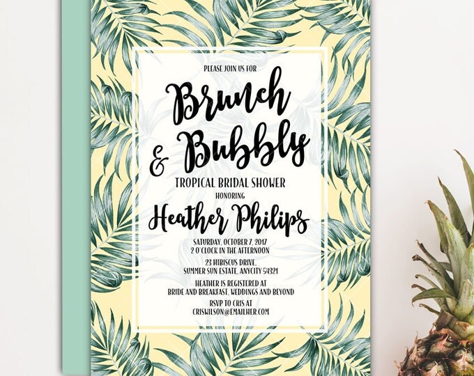 Tropical Brunch and Bubbly Bridal Shower Invitation, Tropical Leaves Luau Summer Bride Wedding Shower Printable Invitation
