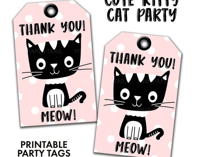 Cute Kitty Cat Pink Black and White Kitty Party Thank You Tag Favor Tags Gift Tag, Instant Download Printable Party Tags