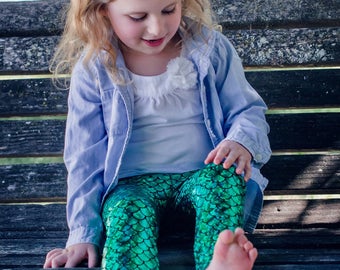 Girls Mermaid leggings Baby Toddler Emerald Green & Black metallic Birthday fish scale pants 3 6 12 18 24 months 2T 3T 4T 5T 6 7 costume