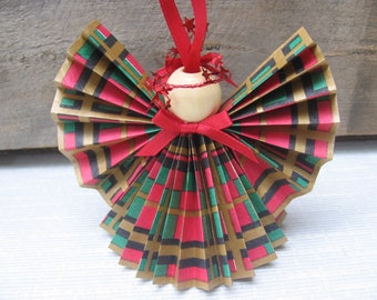 Red Plaid Paper Ribbon Angel / Christmas Ornament / Red Green Gold Plaid Angel / Teacher Gift / Gift for Angel Lover / U-Pick Trim