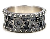 Distressed Silver Gear Ring - Steampunk Industrial Cogs and Rivets Mens Sterling Wedding Band