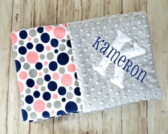 SALE Minky Monogrammed Baby Blanket - Coral, Navy Blue and Gray Polka Dots Personalized, Moonbeam Blanket with name Newborn