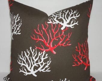FALL is COMING SALE Inventory Reduction Outdoor Brown Red & White Coral Print Pillow Cushion Cover Red Coral Decorative Porch 18x18