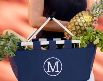 Monogrammed Navy Market Tote, Navy Market Basket, Shopping Tote, Navy Tailgating Basket, Navy Picnic Basket, Collapsible Car Tote