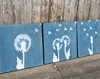 Trio of Dandelion Paintings, Dandelion Wall Art, Dandelion