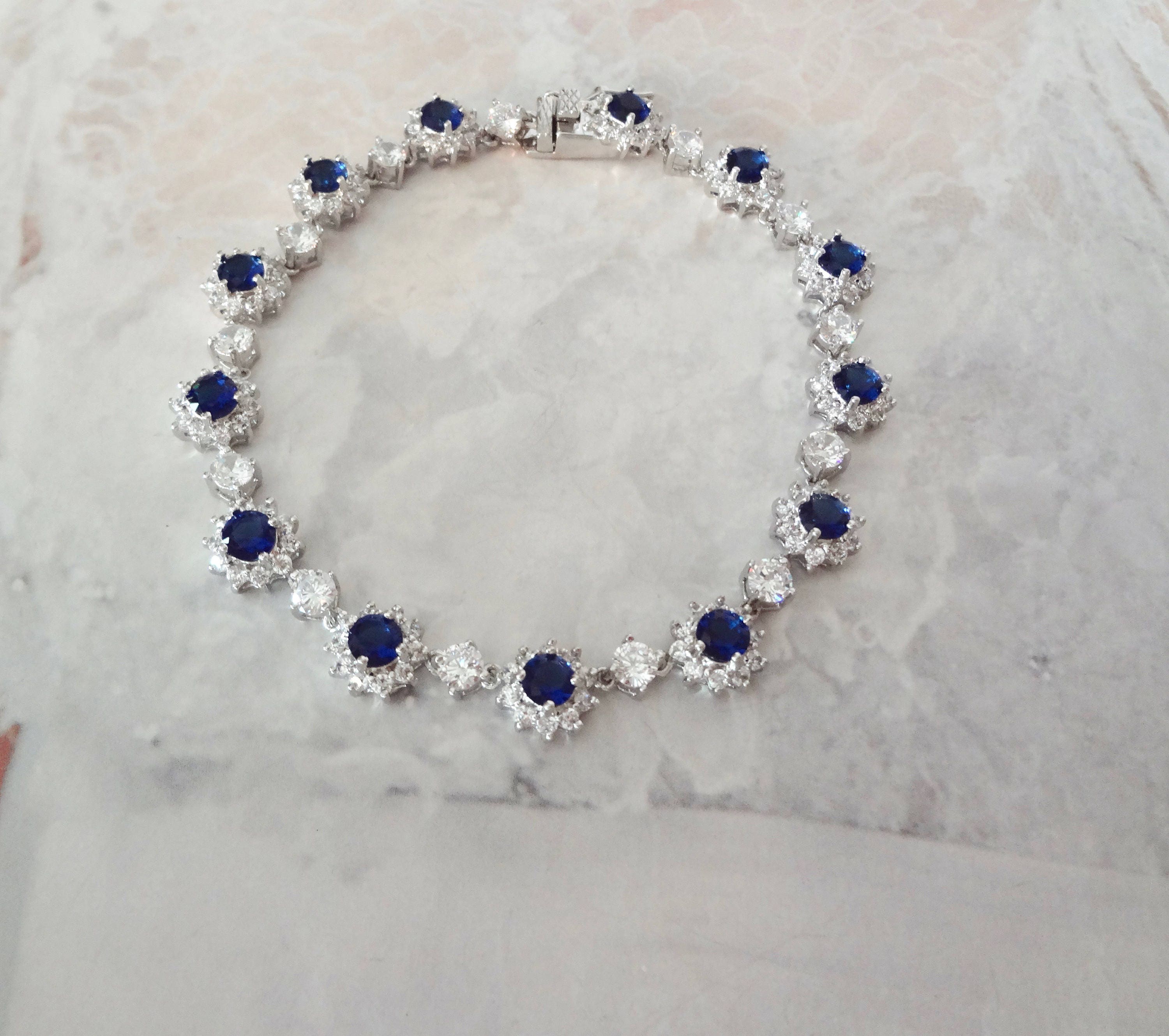 Bridal Jewelry Blue Sapphire Necklace Cubic Zirconia's