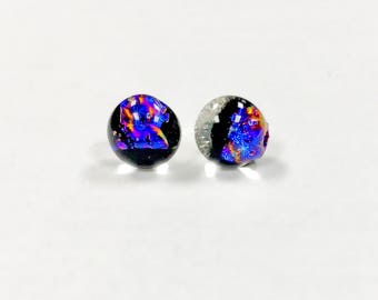 Stud post glass dichroic silver plated earrings