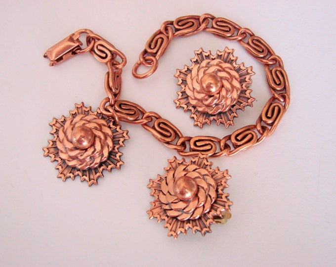 Retro Solid Copper Abstrct Sun/Moon Demi Parure / Bracelet / Clip Earrings / Book Chain / Vintage / Jewelry / Jewellery
