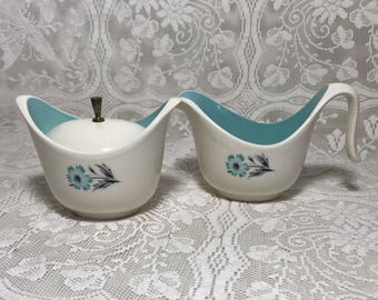 Mid Century Taylor Smith & Taylor Creamer and Sugar with Lid Set "Ever Yours Boutonniere" Aqua Flower