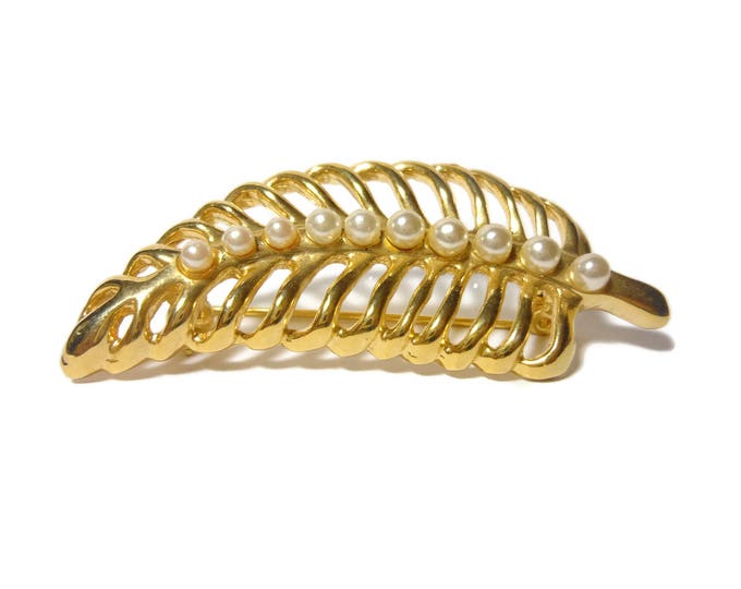 Pearl leaf brooch, white faux pearls form the stem of the open work, gold plated pin, leaves fern glossy