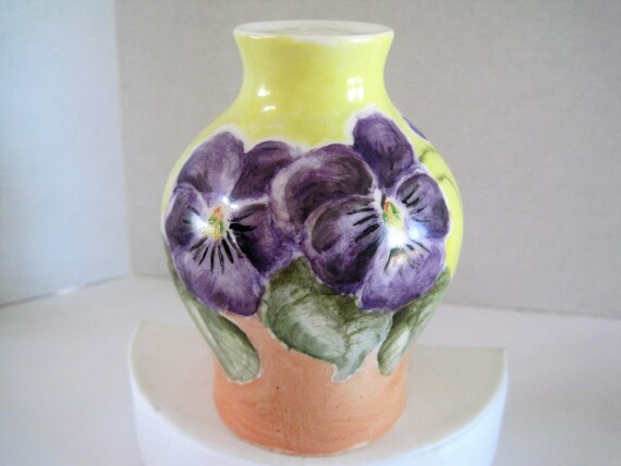 Ceramic Hat Pin Holder - Purple Pansy Decor - Vanity Piece - Signed USA - Hand Painted