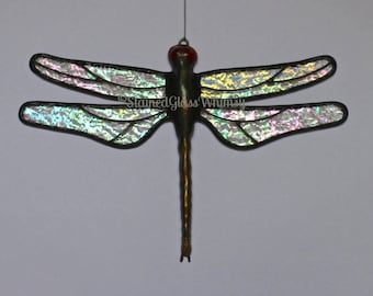 Stained Glass DRAGONFLY Suncatcher, Stardust Clear Iridescent Wings & Handcast Metal Body, USA Handmade Original, Iridescent Dragonfly