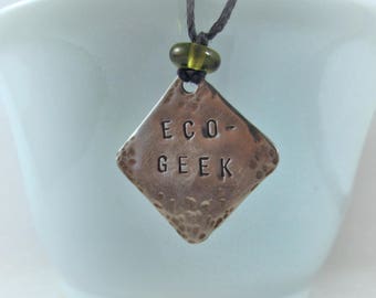 Eco-Geek Stamped Neckace with Glass Bead Accent