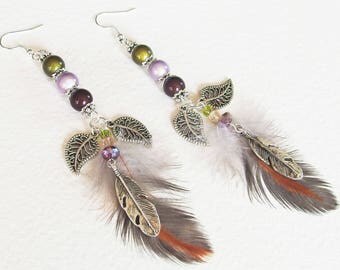 Boucles d'Oreilles Ethniques longues - Esprit Cheyenne - Plumes, Perles Bohême, Breloques Métal Argenté - Bijou créateur, pièce unique