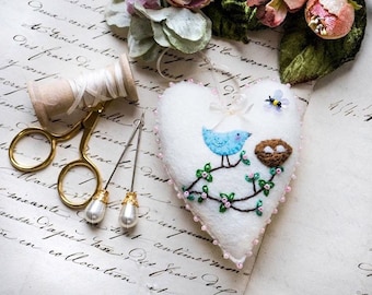 Hand Embroidered Bird & Nest Heart Decoration