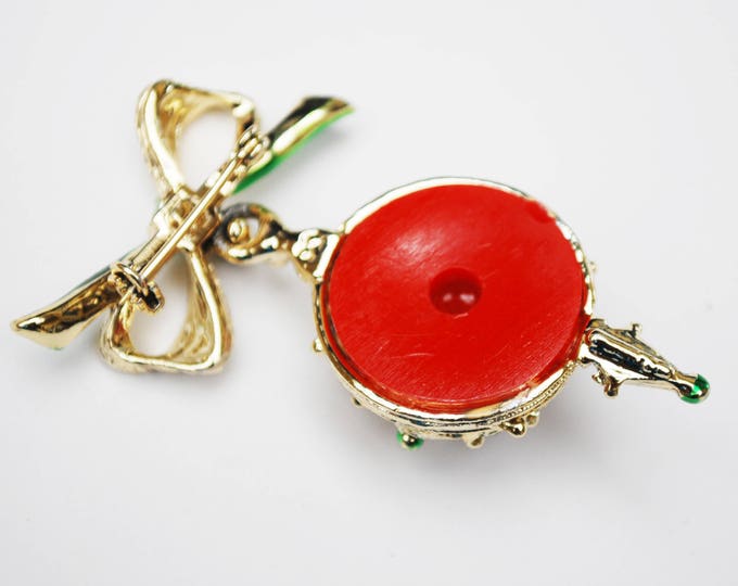 Christmas Ornament Brooch - Holiday pin - Red ball - Gold bow dangle pin