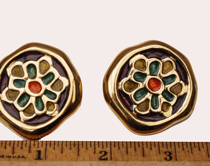 Givenchy New York Earrings - Chunky Gold -Abstract flower- Brownorange green - Enamel Earrings