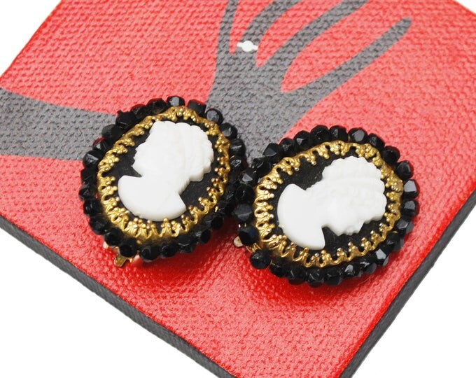 Cameo Earrings - Original by Robert - Black White and Gold - Clip on earring