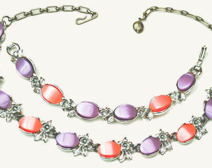 Thermoset necklace and bracelet set -Pink Purple plastic - silver tone Mid Century