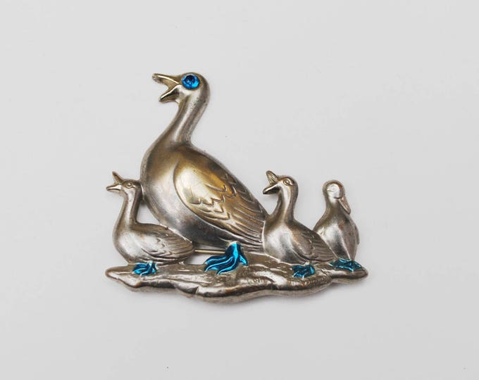 Duck with Duckling Brooch - Silver with blue rhinestone enameling - bird figurine pin